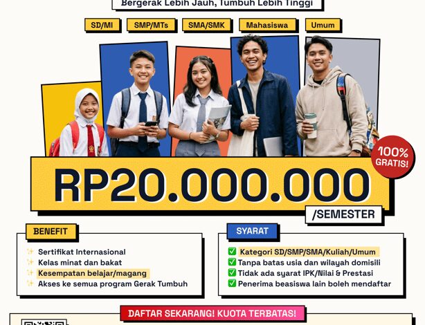 Beasiswa Gerak Tumbuh 2026 Resmi Dibuka: Rp20.000.000/Semester untuk Semua Jenjang Pendidikan Tanpa Syarat IPK