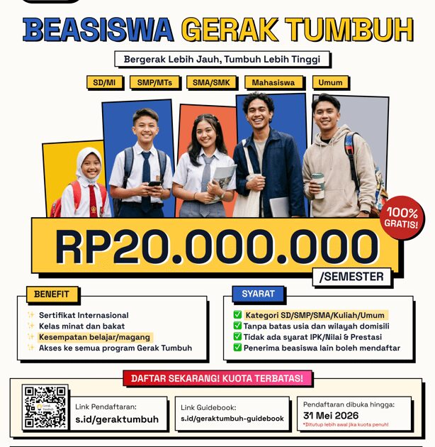 Beasiswa Gerak Tumbuh 2026 Resmi Dibuka: Rp20.000.000/Semester untuk Semua Jenjang Pendidikan Tanpa Syarat IPK